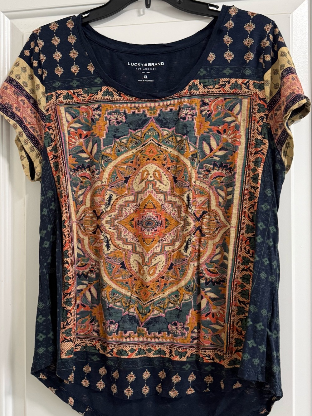 Lucky Brand Boho Medallion Print Top XL Mixed Print Short Sleeve Blouse